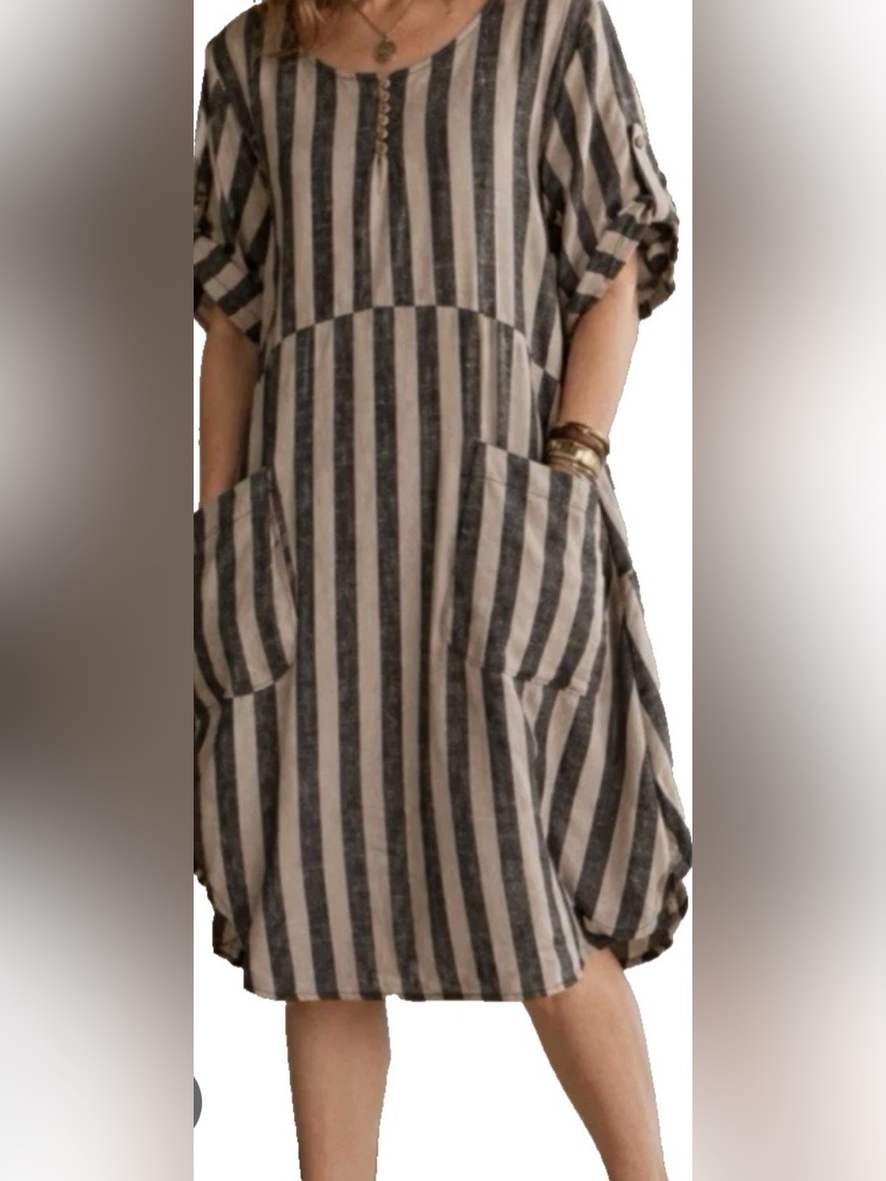 Minibee Striped Linen Blend Dress Lagenlook Boho Oversized Pockets Tunic Large